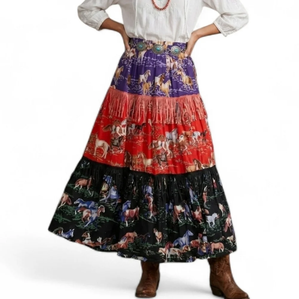 Vtg Why Not! Horse Print Tiered Maxi Skirt S Western Boho Rayon Fringe Red